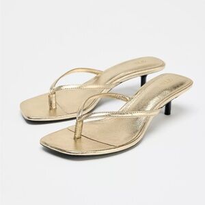 Zara Gold Metallic Thong Sandals with Kitten Heel
